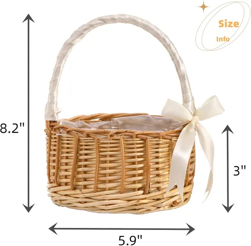 Miniatura 2 de Lyellfe Paquete de 2 canastas de mimbre hechas a mano con cinta de seda con asa, cesta decorativa para huevos y dulces para regalos, bodas