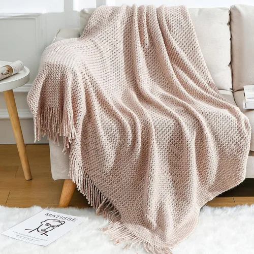 Miniatura 29 de Blagic Manta de punto para sofá, manta suave de estilo bohemio para otoño con borlas, manta ligera decorativa para el hogar, manta beige para cama