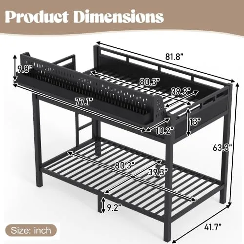 Miniatura 2 de Bellemave Twin XL Bunk Bed Frame with Storage Shelves & Pegboard, Metal Bunk Bed Twin XL with USB Ports & LED Lights, Space-Saving for Bedroom
