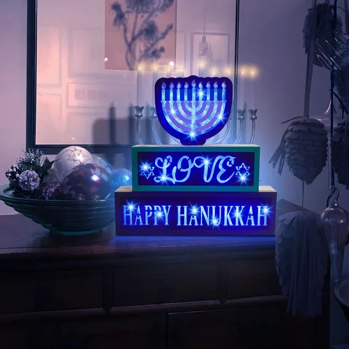 Miniatura 6 de Decoraciones iluminadas de Hanukkah, letrero de madera con 81 luces LED, funciona con pilas, letrero de puerta de menorá para centro de mesa