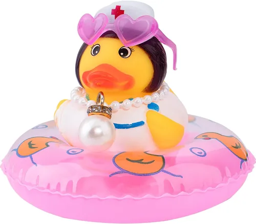Miniatura 10 de wonuu Adorno de pato de goma para automóvil, accesorios de decoración de tablero de instrumentos con mini collar de anillo de natación y gafas de sol
