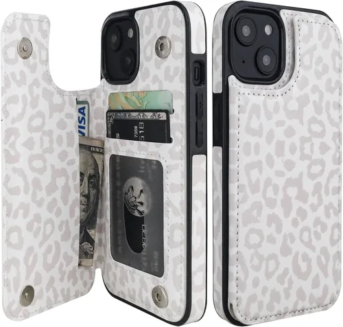 HAOPINSH para iPhone 13 Estuche tipo cartera con tarjetero, patrón de leopardo blanco y guepardo, funda con tapa trasera para mujer y niña, ranuras