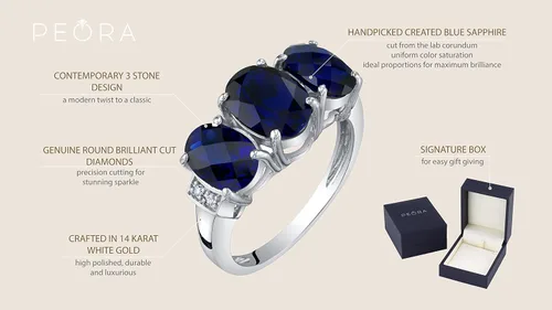 Miniatura 4 de Peora Anillo trino de tres piedras de oro blanco macizo de 14 quilates y piedras preciosas auténticas o creadas para mujer, tallas 5 a 9, Metal