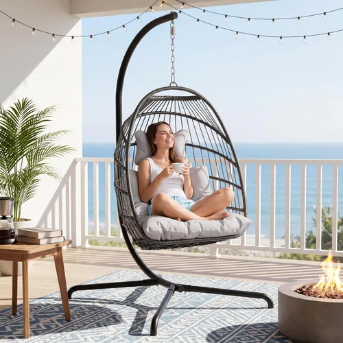 Miniatura 11 de NICESOUL Silla de huevo sin soporte para interiores y exteriores, cómoda silla colgante de mimbre para patio con cojín, hamaca columpio de 350 Beige