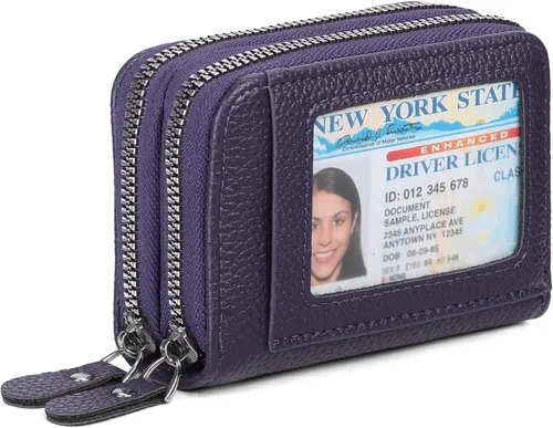 Miniatura 7 de RNIEGA Cartera pequeña de piel con bloqueo RFID para tarjetas de crédito, cartera pequeña para mujer, doble cremallera con ventana de identificación