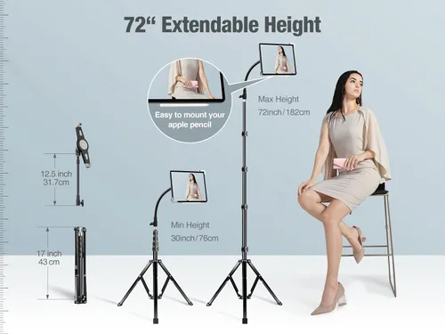 Miniatura 4 de elitehood Soporte de piso para iPad Pro, trípode de cuello de cisne de 70 pulgadas para iPad Pro 12.9 13 pulgadas, Air 13 11, soporte de trípode