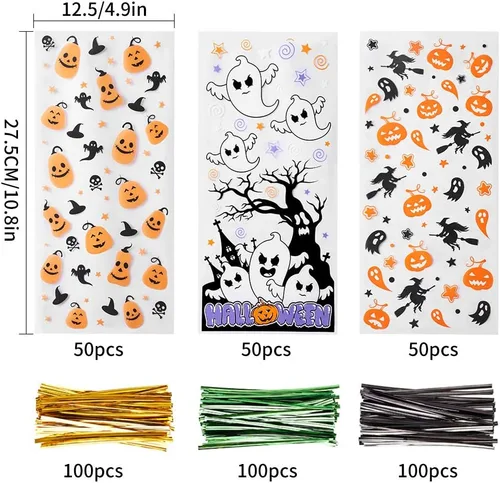 Miniatura 2 de CCINEE Bolsas de celofán para Halloween, 150 bolsas de plástico transparente para dulces con 300 giros para aperitivos y galletas