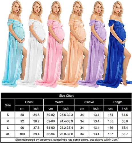 Miniatura 6 de Vestido largo de gasa con hombros descubiertos para fotografía de maternidad con abertura frontal para sesión de fotos