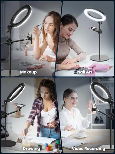 Miniatura 2 de Luz de anillo para selfie con soporte y soporte para teléfono, soporte de teléfono aéreo con luces de anillo de 10.5", luz circular de escritorio