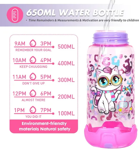 Miniatura 5 de Botella de agua para niños con pajita/cordón para niños de la escuela, niños y niñas, 22 oz / 650 ml, sin BPA, botella de agua para beber