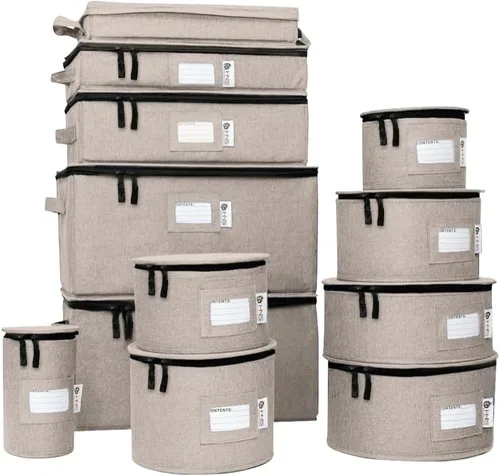 Miniatura 10 de Juego de 8 cajas de almacenamiento de China para vajilla, vasos, platos, tazas y platillos, organizador de platos resistente con divisores para Beige