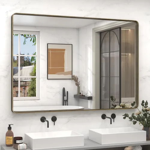Miniatura 136 de Paquete de 2 espejos de baño con marco de metal negro de 22 x 30 pulgadas, espejo rectangular redondeado negro mate, antioxidante, se cuelga