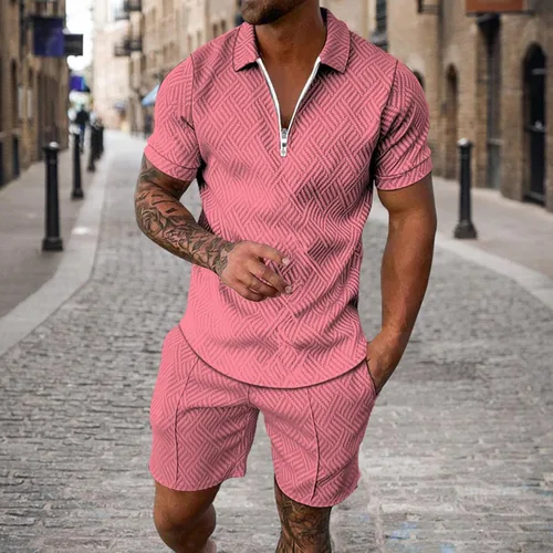 Miniatura 2 de Conjunto de 2 piezas de lino para hombre, conjunto corto de 2 piezas, conjunto de chándal de verano de manga corta con cremallera