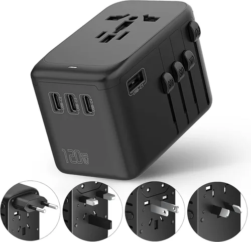 Adaptador de viaje internacional de 120 W, adaptador de corriente mundial 4USB-C y 1USB-A, cargador rápido GaN con enchufes de Reino Unido UE AU EE.