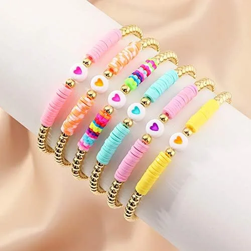 Miniatura 2 de COLORFUL BLING Paquete de 6 pulseras de cuentas doradas con diseño de bola de disco de vinilo arcoíris para mujeres y niñas