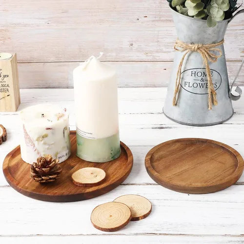 Miniatura 5 de STOBAZA Bandejas decorativas de madera de acacia para mesa auxiliar, juego de 2 bandejas redondas de madera para centro de mesa, bandeja para velas