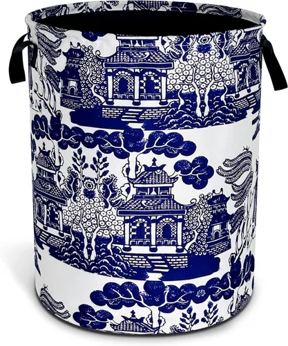 Cesta de lavandería de porcelana blanca y azul chinoiserie, plegable, de tela Oxford, divertida bolsa de lavandería, cesta de almacenamiento de
