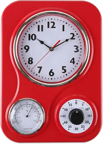 Miniatura 14 de Lily's Home - 9.5 pulgadas x 12.5 pulgadas - Reloj de pared retro para cocina, reloj de pared vintage con termómetro y temporizador de 60 minutos