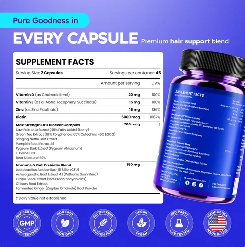 Miniatura 4 de Crotar DHT Blocker para mujeres y hombres Suplemento de crecimiento del cabello de doble acción Saw Palmetto y aceite de semilla de calabaza