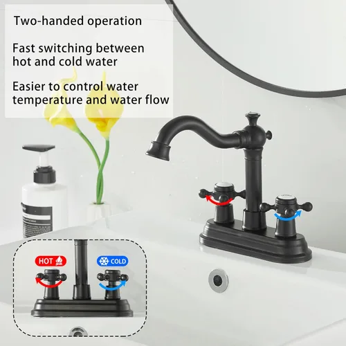 Miniatura 3 de Grifo de baño negro mate con 2 asas de 4 pulgadas, juego central de tocador de baño negro con montaje de drenaje y manguera de suministro grifo