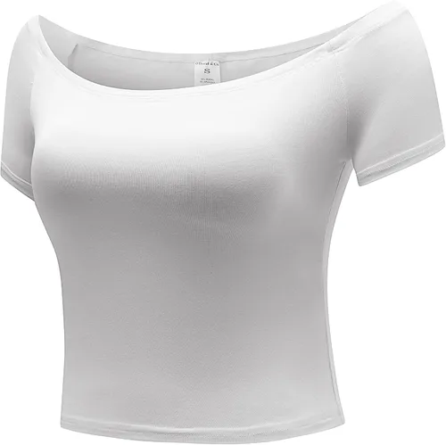 Miniatura 2 de OThread & Co. Blusa corta de manga corta con hombros descubiertos para mujer, cómoda, básica, con capa elástica