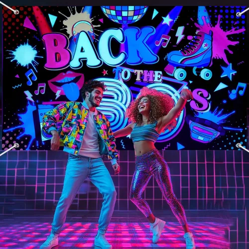 Miniatura 4 de Breling Cartel de fondo de Back to the 80's Retro Neon 80s que brilla en la oscuridad, decoraciones de fiesta colgantes de hip hop, decoración