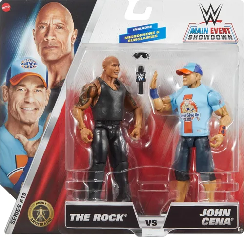 Miniatura 2 de Mattel WWE Main Event Championship Showdown - Juego de 2 figuras de acción y accesorios, serie #19 The Rock vs John Cena coleccionable