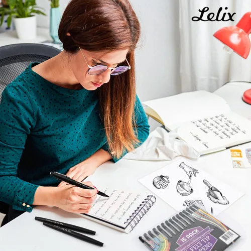 Miniatura 8 de Lelix Bolígrafos de punta de fieltro, paquete negro de 15 unidades, punta media de 0.7mm, marcadores de punta de fieltro para diario, escritura