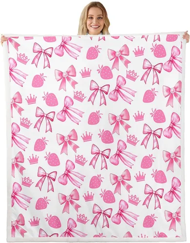 Miniatura 21 de Manta de franela con lazo rosa, manta de vellón con lazo en acuarela para decoración del hogar, sofá, sofá, manta de forro polar kawaii de dibujos