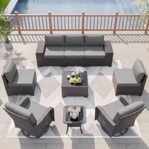 Miniatura 22 de Kurapika juego de muebles de patio 4 piezas de mimbre al aire libre, sillas de ratán, juego informal con mesa de café, juego de bistró con mecedora