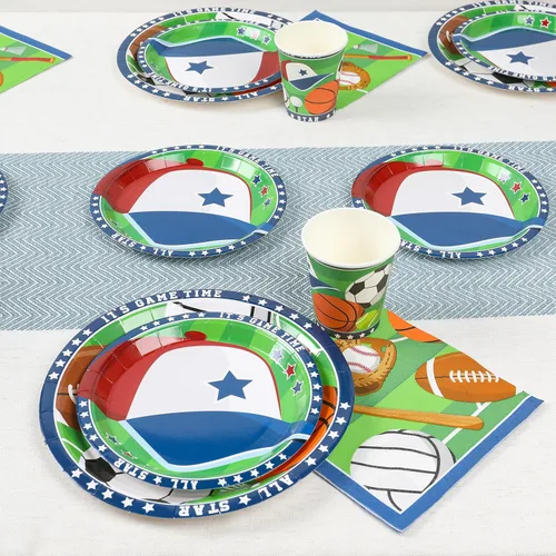 Miniatura 4 de Decoraciones de fiesta temática deportiva (sirve 24) platos llanos, platos de postre, vasos, servilletas. Decoraciones deportivas para baby shower