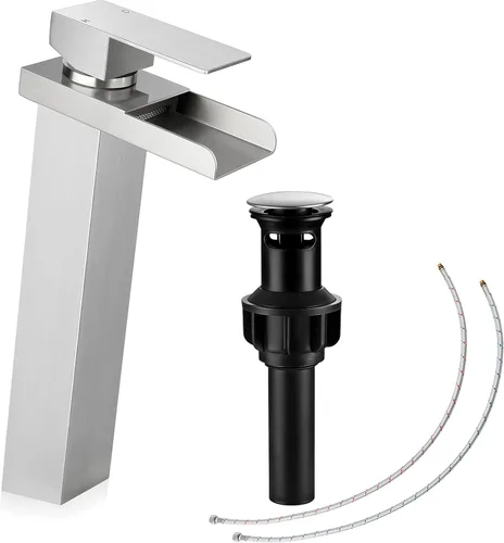 Miniatura 10 de Herogo Grifo de baño en cascada, grifos de baño de níquel cepillado para fregadero de 1 o 3 agujeros con drenaje desplegable, grifo mezclador