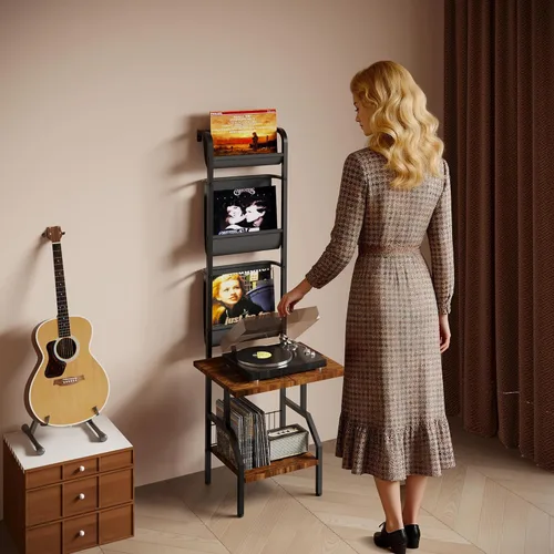 Miniatura 8 de Lutown-Teen Soporte para tocadiscos con almacenamiento de vinilo, mesa para tocadiscos con capacidad para hasta 200 álbumes, soporte giratorio de 5