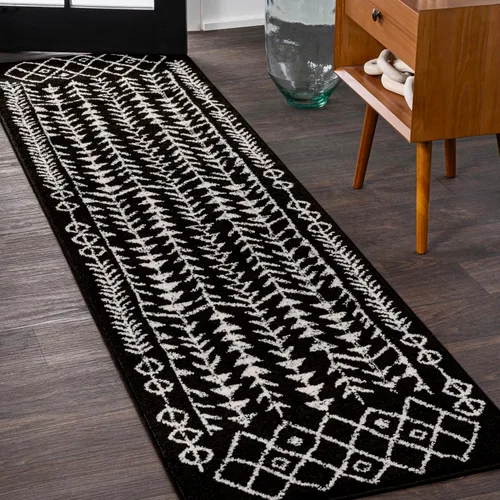 JONATHAN Y Ziri Alfombra Corredor Geométrica Marroquí Negro/Crema, 2x8 pies, Bohemia, Escandinava, Fácil Limpieza para Sala de Estar, Dormitorio,
