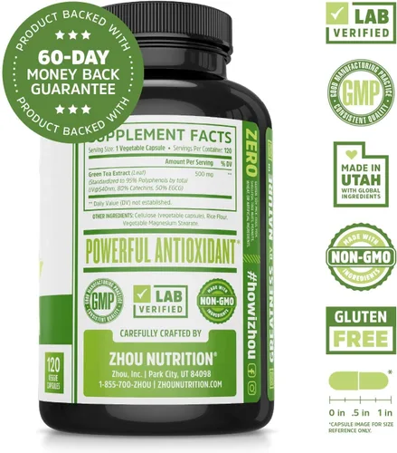Miniatura 2 de Zhou Extracto de té verde con EGCG, metabolismo, energía natural, enfoque mental, apoyo inmunológico, fórmula cardíaca antioxidante y saludable, sin