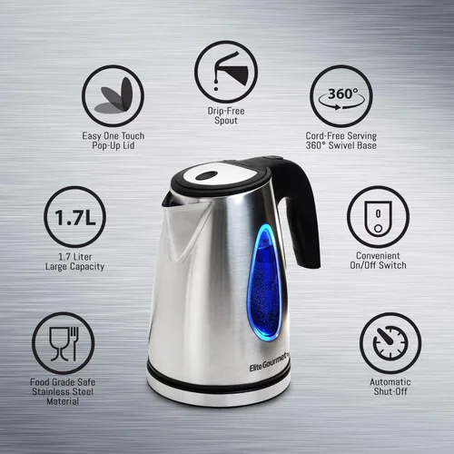 Miniatura 5 de Elite Gourmet EKT-1271 Ultimate - Hervidor eléctrico de 1.7 litros, diseño de acero inoxidable y base inalámbrica de 360°, elegante interior LED