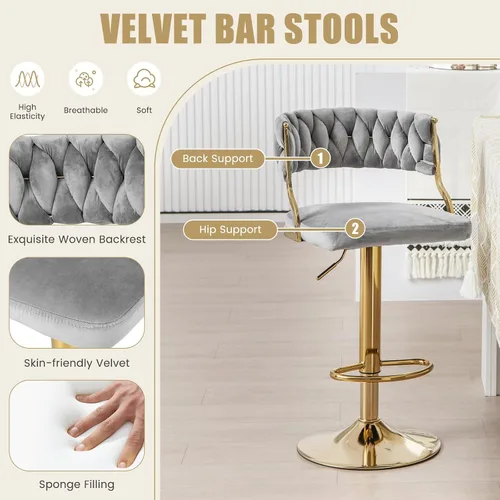 Miniatura 7 de Giantex Juego de 2 taburetes de bar giratorios de altura ajustable, taburetes de bar de terciopelo con respaldo abierto con elegante respaldo