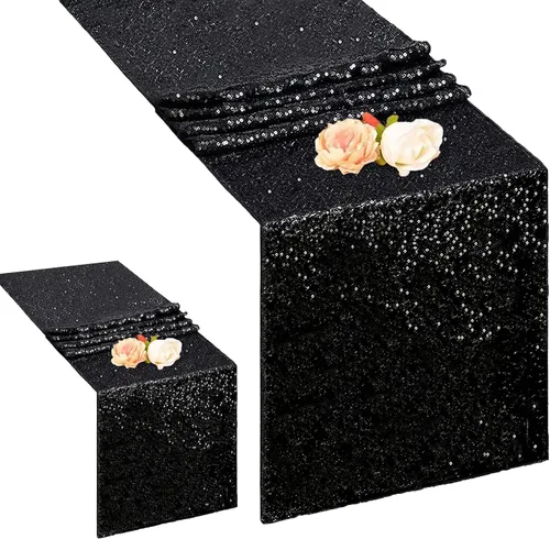 AMZLOKAE Camino de mesa de lentejuelas, paquete de 2, camino de mesa negro de 12 x 120 pulgadas, para decoración de boda, rectangular, color negro,