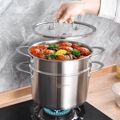 Miniatura 4 de LOLYKITCH Olla de Stock de Acero Inoxidable de Tres Capas de 3 QT con Tapa y Vaporera, Olla de Cocina por Inducción, Utensilios de Cocina al Vapor