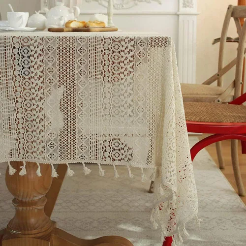 Miniatura 5 de Mantel bordado beige con agujeros de ganchillo con borlas, mantel geométrico de rayas bohemias para fiestas, cumpleaños, comedor, cuadrado, 23 x 23