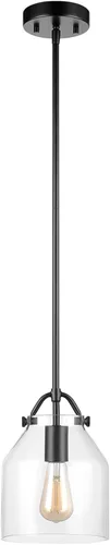 Globe Electric 67000097 Lámpara colgante de 1 luz, negro mate, pantalla de vidrio transparente, varillas de altura colgante ajustable, iluminación