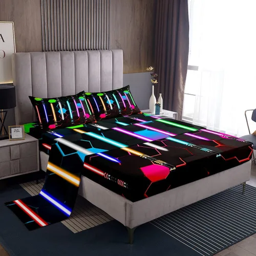 Miniatura 3 de Juego de ropa de cama con sable de luz geométrico, tamaño individual, color azul neón y morado, diseño de panal claro, para niños, niñas y hombres