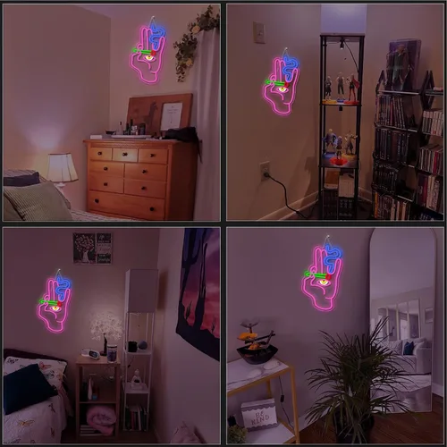 Miniatura 2 de WLHOPE Letrero de neón con mano de mal de ojo para decoración de pared, luces LED rosa y azul, letreros de luz Hamsa, conectividad USB, letreros