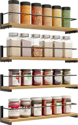 Miniatura 7 de OROPY Estante para especias montado en la pared, estante colgante de madera rústica para colocar sobre la estufa, pared de cocina, paquete de 4