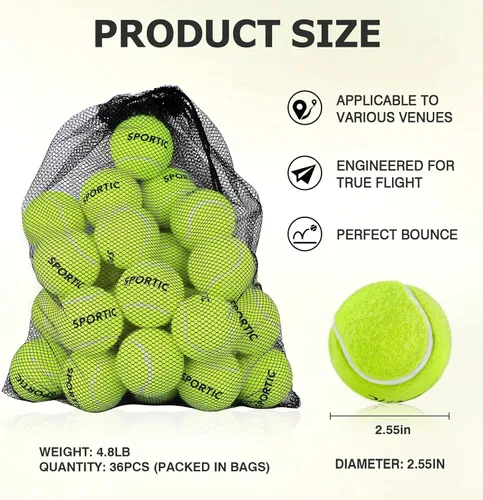 Miniatura 4 de SPORTIC Pelotas de tenis, pelota de tenis presurizada de fieltro de servicio con bolsa de malla para 12 o 36 piezas, pelotas de tenis