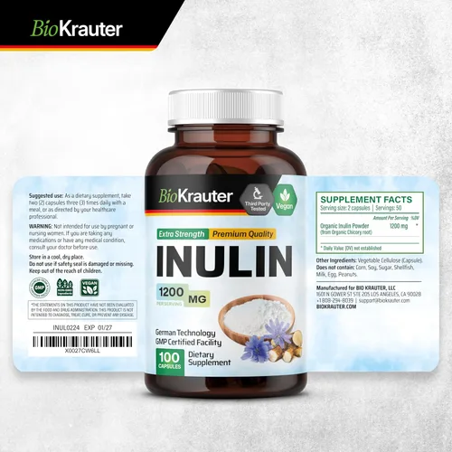 Miniatura 8 de BIO KRAUTER Polvo de inulina de raíz de achicoria en cápsulas de 1200 mg por porción, 100 unidades, fibra prebiótica de inulina vegana y pura