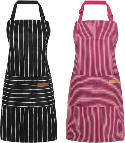 Miniatura 9 de Paquete de 2 Delantales de Cocina Ajustables con Peto para Mujeres con 2 Bolsillos, Delantales de Cocina Restaurante para Hombres Chefs