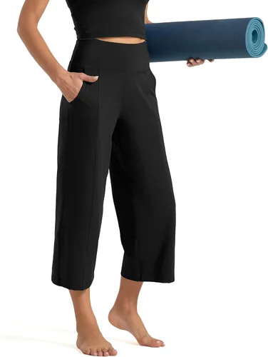 Miniatura 6 de Tmustobe Pantalones capri de yoga para mujer, con control de abdomen, cintura alta, pantalones cortos acampanados con bolsillos