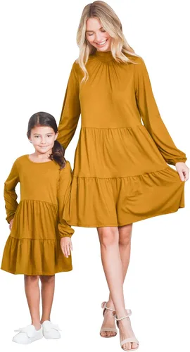 Vestidos Mommy and Me Vestido de bolsillo escalonado con lazo en la espalda para mujer, bohemio, lindo conjunto familiar a juego, sesión de fotos,