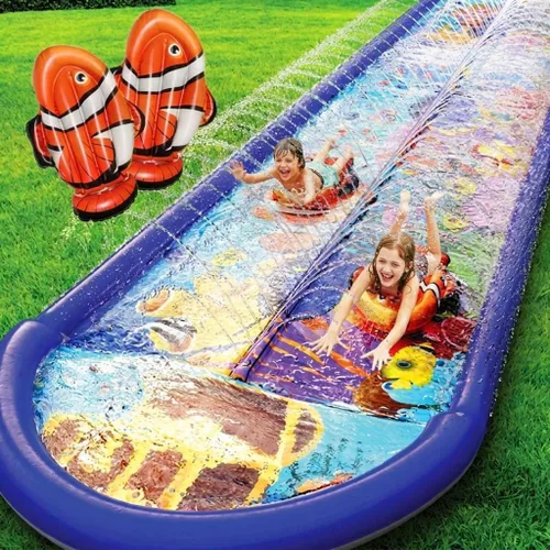 Undersea Water Dual Slip and Slide - 18 pies x 5 pies deslizante con almohadilla de salpicaduras y rociador, tobogán acuático con tablas inflables